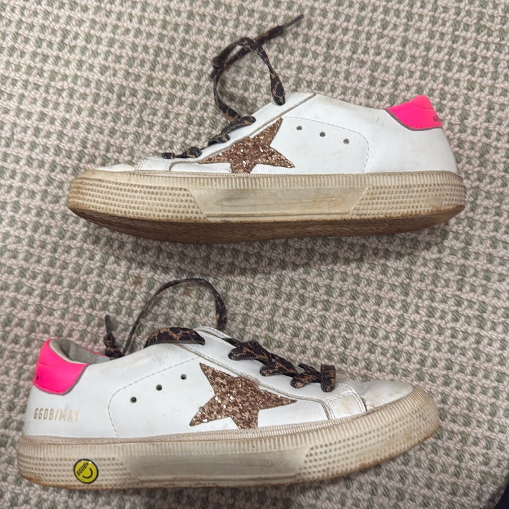 Golden Goose Kids White Sneakers with Pink Heel and Gold Star